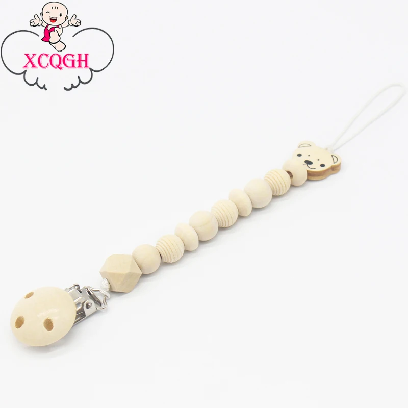 XCQGH Newborn Pacifier Nipple Holder Clip Baby Attache Sucette Cute Wooden Bear Round Beads Teether Soother Strap Chain