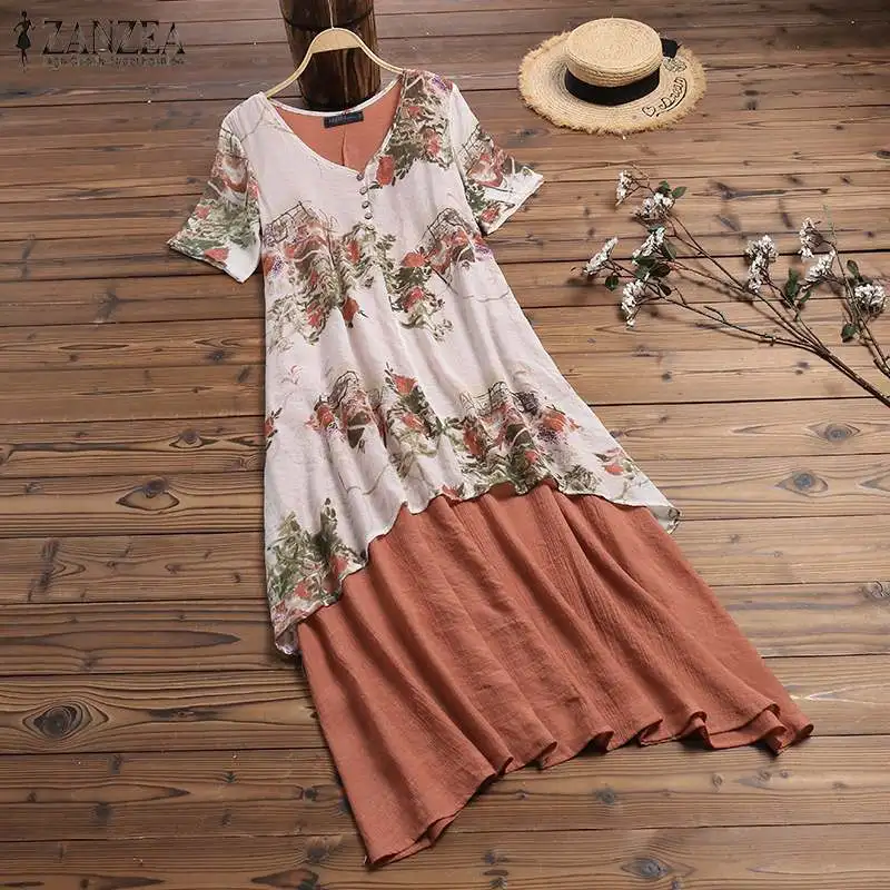 

ZANZEA Summer Sundress Women Vintage Printed Dress Casual Female V Neck Short Sleeve Floral Vestido Robe Femme Pacthwork Dresses