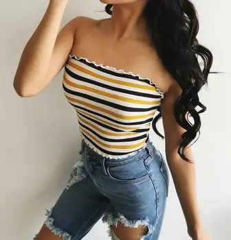 

Fashion Women Off Shoulder Stripe Elastic Tube Tops Strapless Bandeau Crop Tops