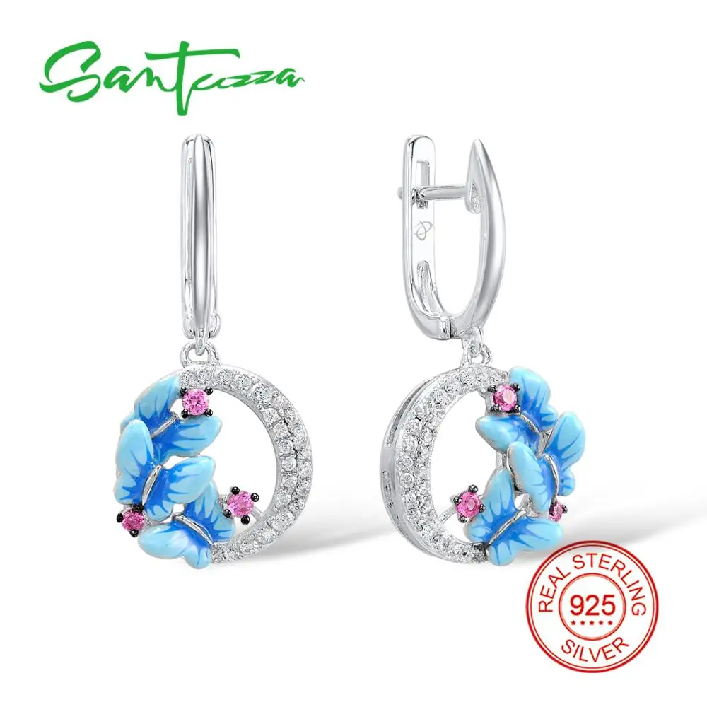 

SANTUZZA Silver Earrings For Women 925 Sterling Silver Delicate Charming Blue Butterfly Drop Earrings Trendy Party Fine Jewelry