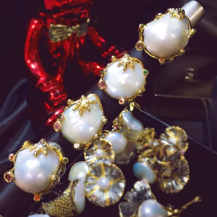 925 Silver Handicraft Silver Italian Handicraft Design Natural Baroque Special-shaped Pearl Ring
