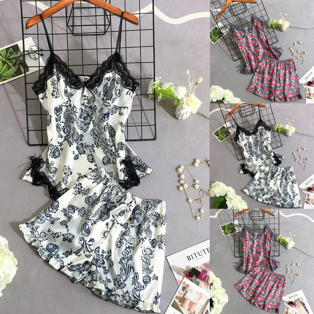 

Women Sleepwear Pyjamas Set Summer Spaghetti Strap Silk Sexy Satin Lingerie Lace Femme Home Nightwear Mini SleepSkirt Clothes