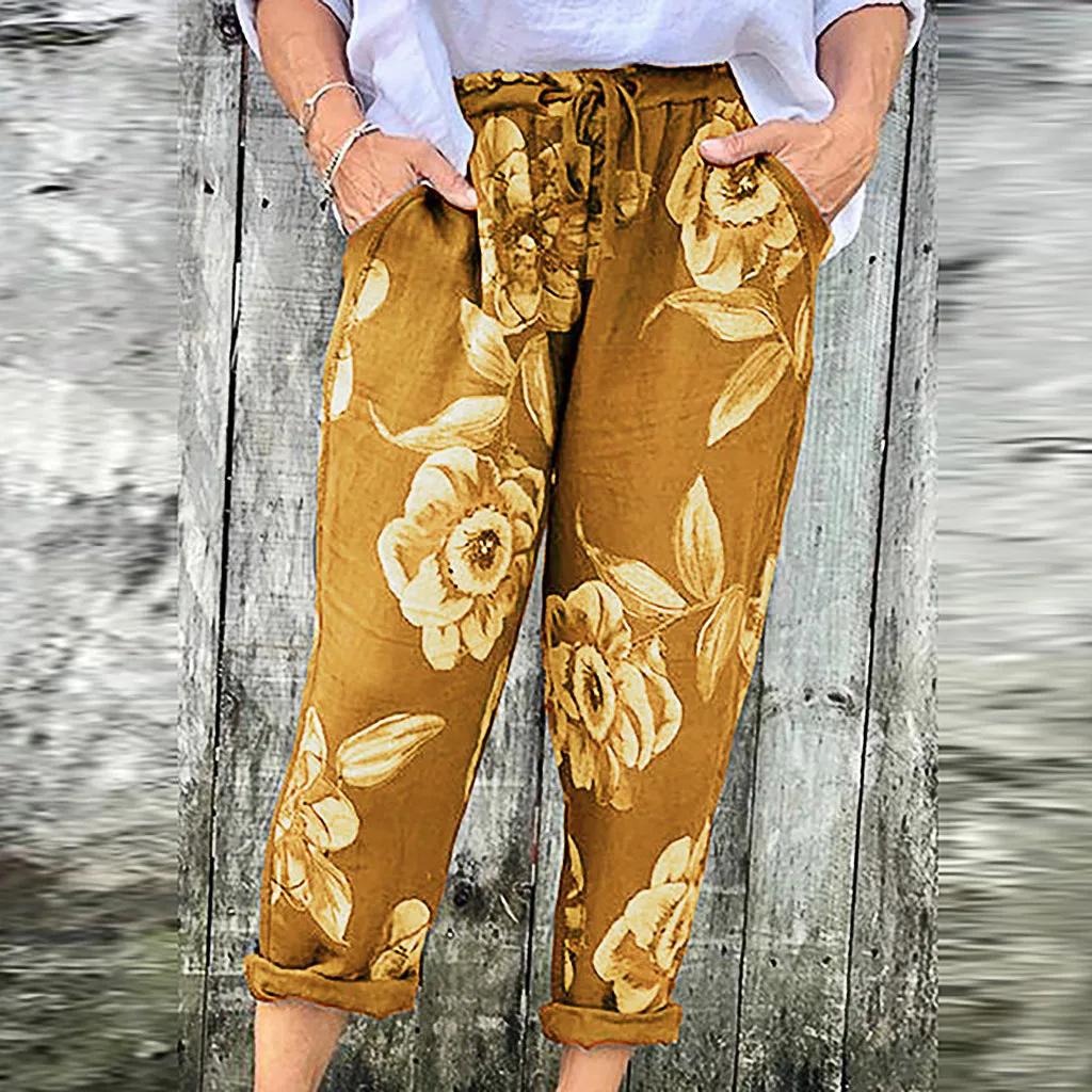 Большие размеры брюки женские брюки длинные брюки летние Boho Цветочные брюки карманные свободные брюки уличная Pantalon Femme Pantalones Mujer