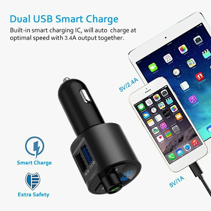 QC3.0 Car Charger Dual USB Charging Ports Hands Free Calling Bluetooth FM Transmitter Wireless Radio Adapter for iPhone X QC3.0 Car Charger Dual USB Charging Ports Hands Free Calling Bluetooth FM Transmitter Wireless Radio Adapter for iPhone X