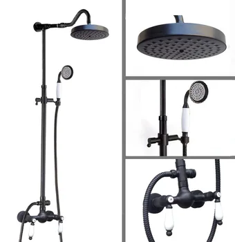 

Black Oil Rubbed Bronze Wall Mounted 7.7" Bathroom Rain Shower Faucet Set Mixer Tap Dual Ceramic Handle with Hand Shower Crs777