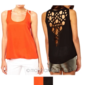 

New Womens Top Fashion Back Hollow Shirt Summer O-neck Sleeveless Casual Blusas Femininas Chiffon Blouse Ladies #2