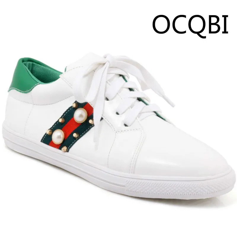 

2019 Spring Fashion Round Comfortable Soft Bottom Lady Lace Up Leisure Casual Flat White Shoes Size 33 Plus Size Shoes PU