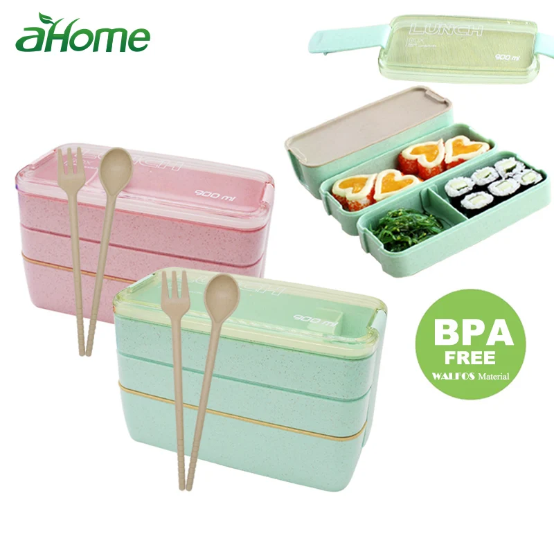 

900ml Microwave Lunch Box 3 Layer Portable Box Leakproof Food Container Oven Dinnerware with Spoon for Students Office worker