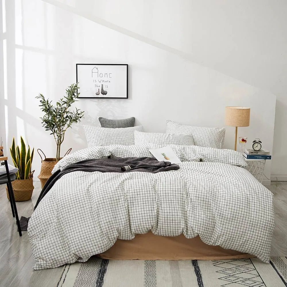 

2019 Grey Plaids Coffee INS 3/4pcs Bedding Set Cotton Bedlinens Twin Queen King Customize Size Bedsheet Pillowcases