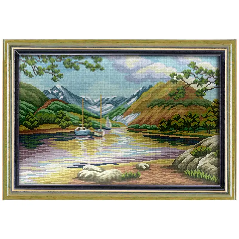 Landscape of lakes and hills counted Cross Stitch 11CT 14CT Cross