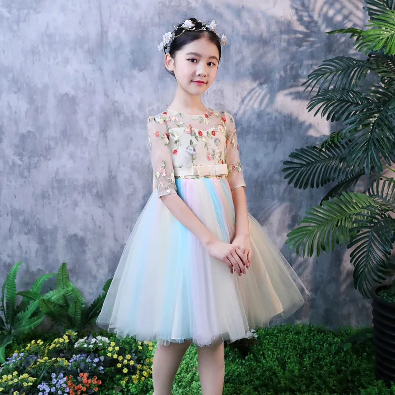 

2019 Spring Girls Dress O-neck Floral Ball Gown Flower Embroidery Princess Costume Casual Kids Party Dresses for 4 to 14 Y 4L18A