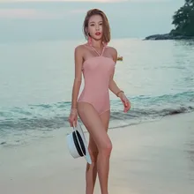 Купальник женский цельный купальный костюм Купание Купальники большого размера Лето Новое Розовое сексуальное длинное Полосатое платье на бретельках ремень