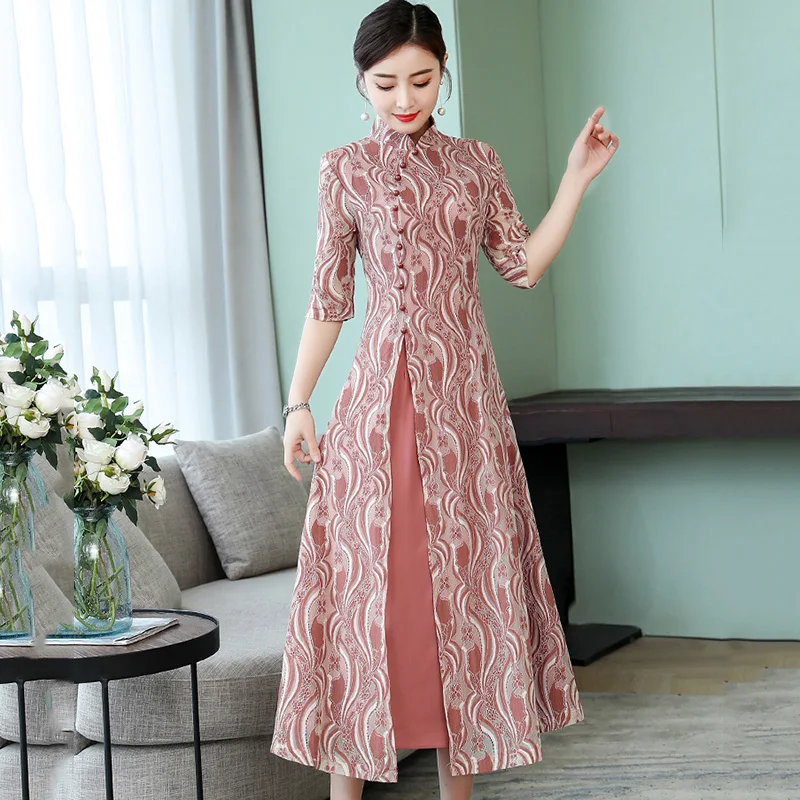 

2019 women vietnam aodai print flower long ao dai vietnam traditional silk dress half sleeve long cheongsam oriental dress