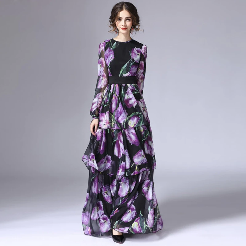 

High quality New Fashion 2017 Runway Maxi Dress Women's Long Sleeve Vintage Tiered Tulip Floral Printed Long Dress
