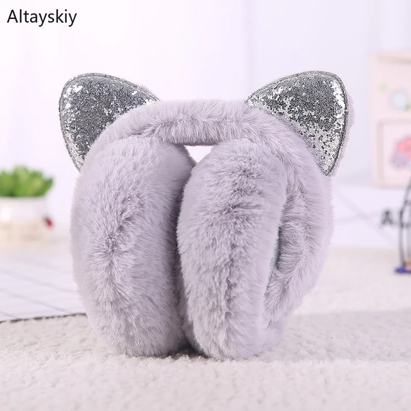 

Earmuffs Women Cat Ears Shiny Bling Harajuku Kawaii Streetwear Furry Plus Velvet Thicker Winter Korean Style All-match Leisure