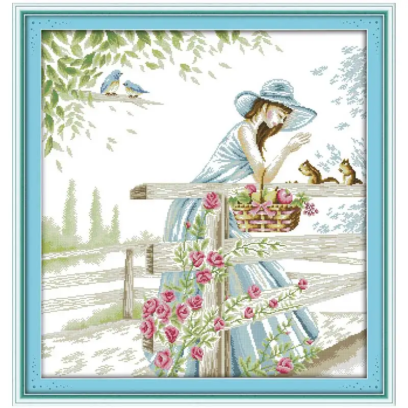 

the girl with squirrel Counted Cross Stitch 11CT 14CT Cross Stitch Set Cartoon Cross-stitch Kit Embroidery Needlework
