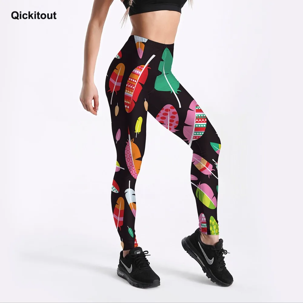 Qickitout Sexy Cute Women's Leggings Colorful Feathers Color Block
