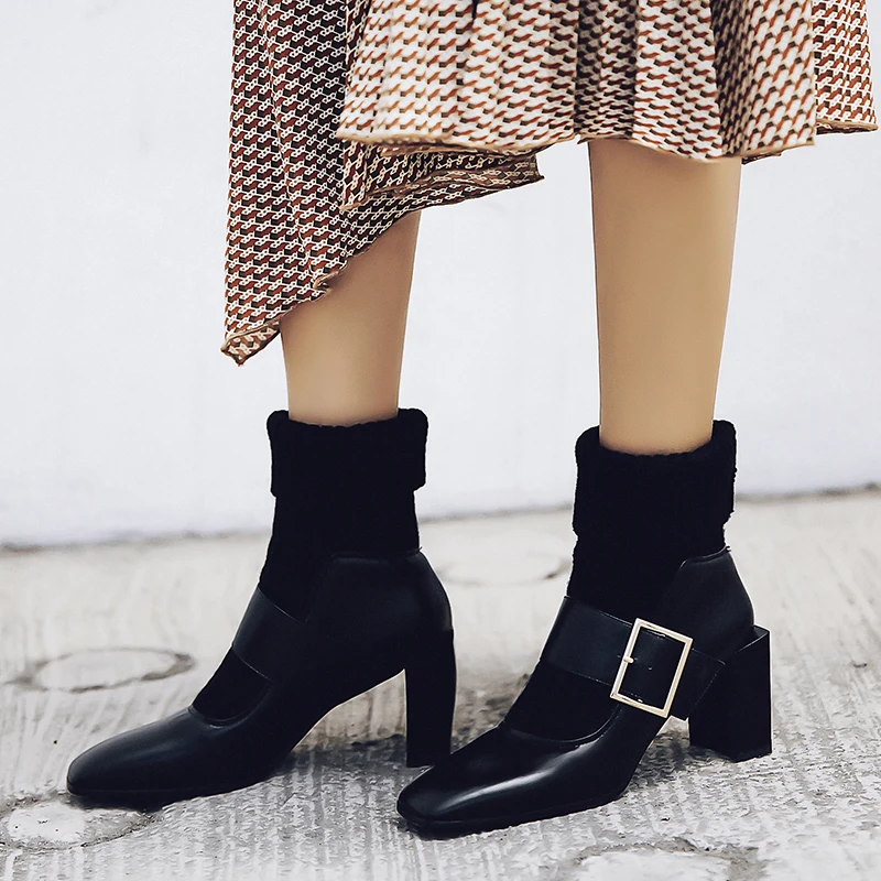

Plus size 43 women's genuine leather Stretch knitting patchwork metal buckle autumn ankle boots thick high heel warm plush shoes
