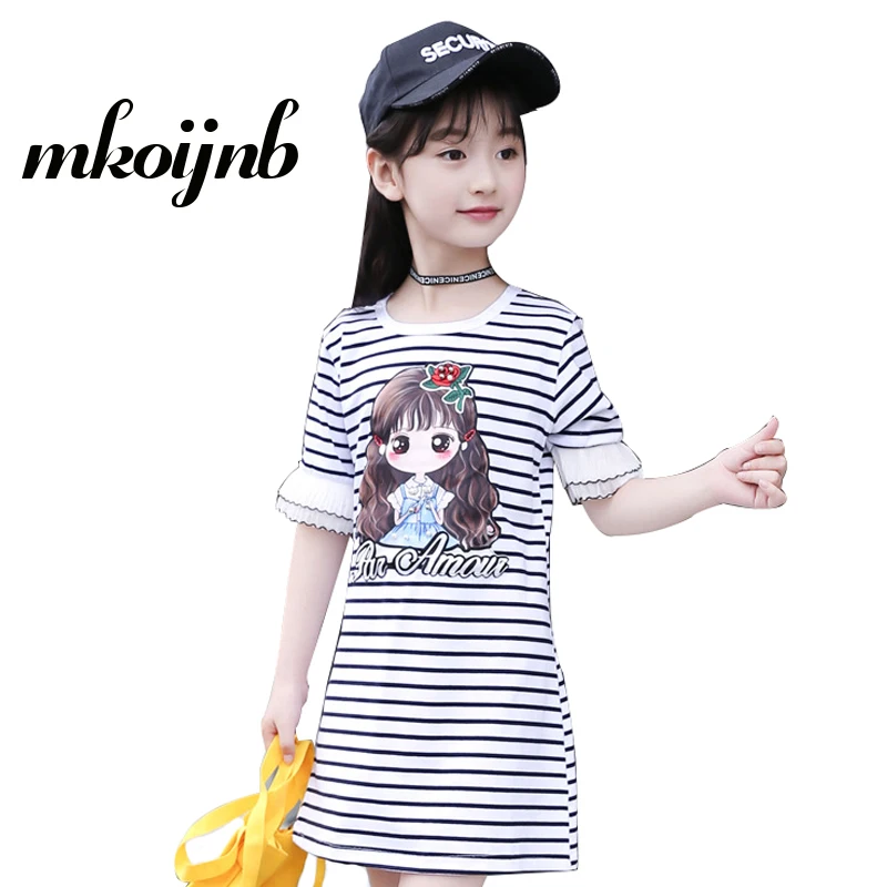 Kids Stripe Dress Girls Cartoon Cotton Tee Flare Sleeve Dresses 2018 Spring Autumn Children Clothes For 4 6 8 10 12 Years | Детская