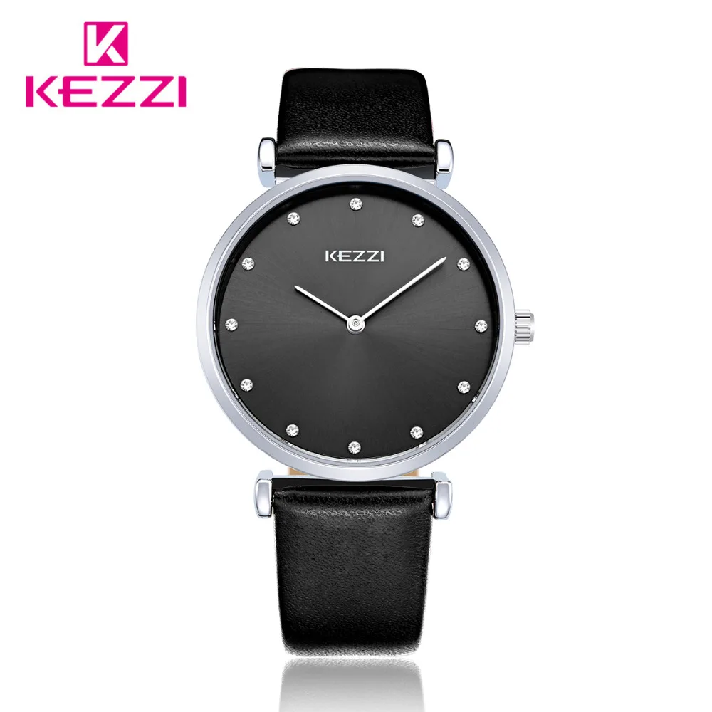 

KEZZI Brand Simple Women Watches Waterproof Leather Wristwatches Double Pointer Rhinestone Dress Quartz Watch Reloj Mujer