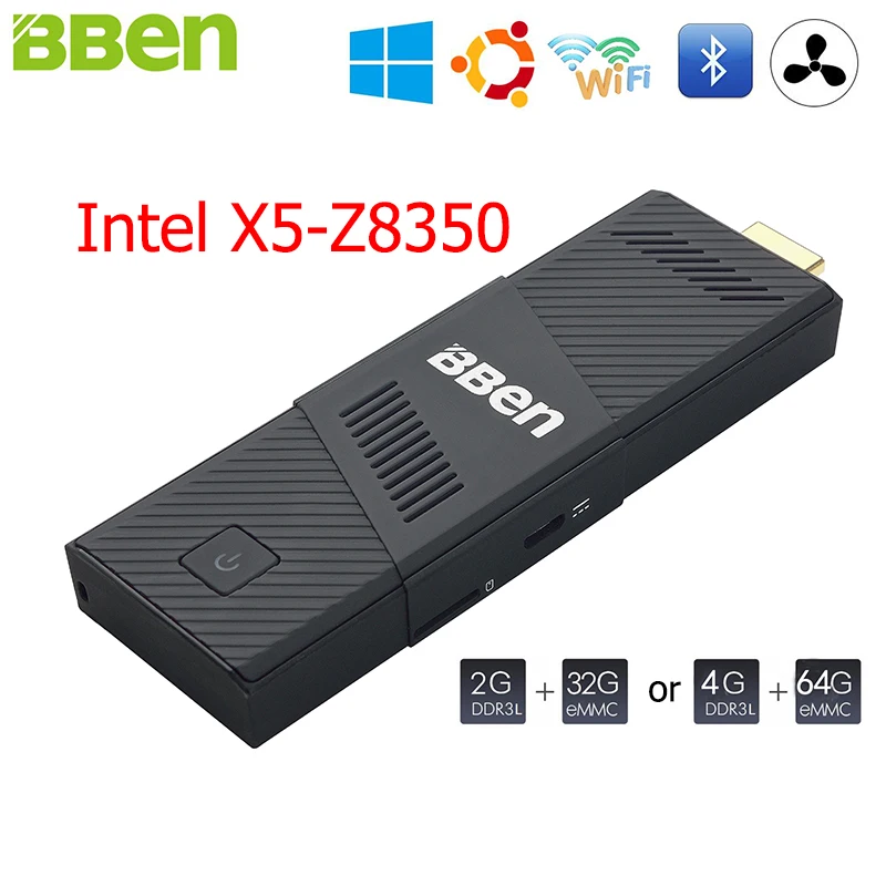 BBen Mini PC Stick Windows 10 Ubuntu Intel Z8350 Quad Core RAM 2G 4G Queit Fan Pocket PC Smart TV Stick Intel Compute PC Minipc