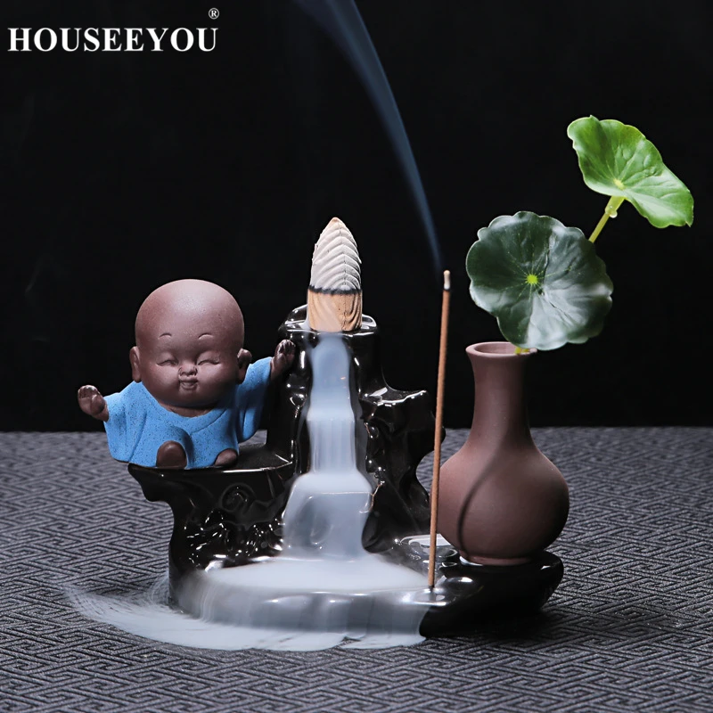 

HOUSEEYOU Smoke Waterfall Incense Burner Backflow Little Monk Incense Holder Censer Buddha Aromatherapy Furnace Home Decoration