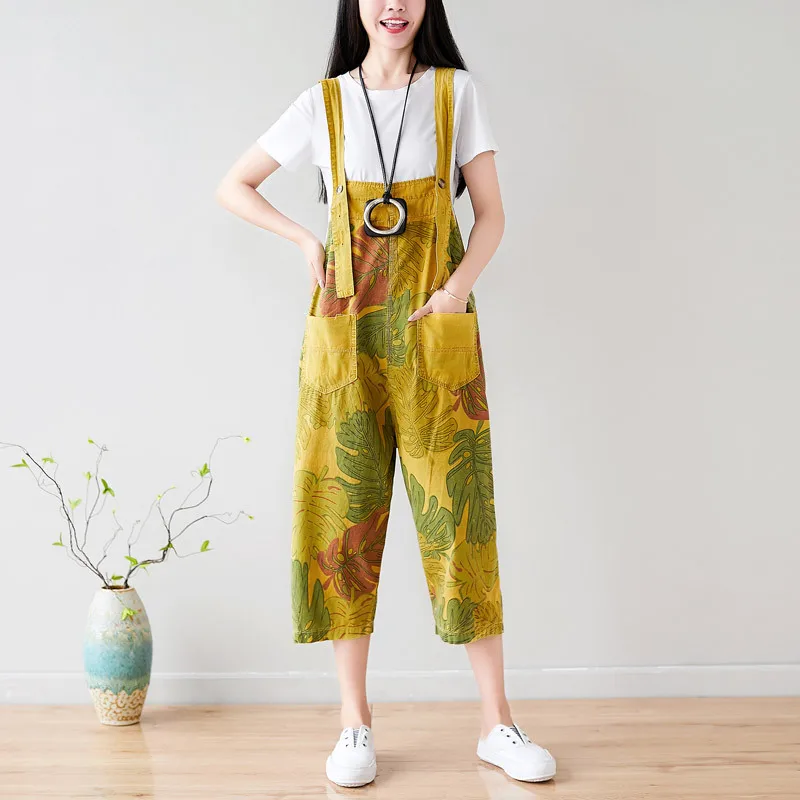 

#0363 Summer Adjustable Strap Jumpsuit Women Wide Leg Loose Vintage Calf-length Casual Overalls For Women Print Yellow Pink