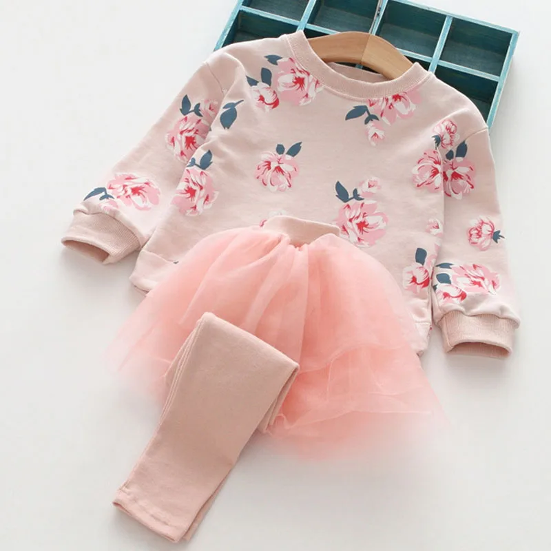 

Brand 2018 New Autumn Spring Girls Clothes Set For Children Clothes Flowers Long Sleeves Top+Fake Two Net yarn Pant Girls Set