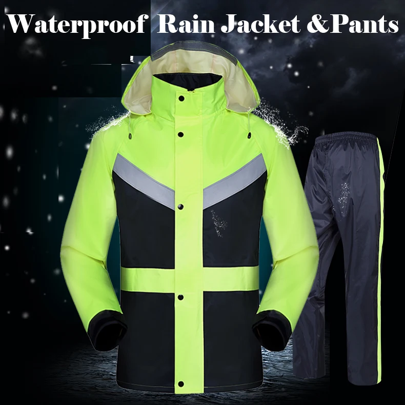 High visibility yellow lime green split raincoat with reflective strips