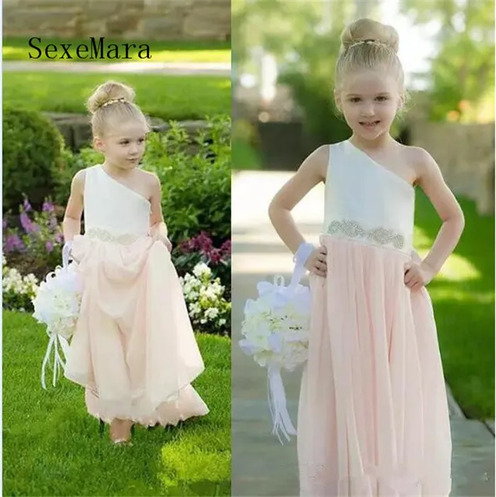 

Baby Pink A Line 2018 Girls Dresses for Wedding One Shoulder Beaded Sash Soft Tulle Girls Pageant Gown Size 2-16Y