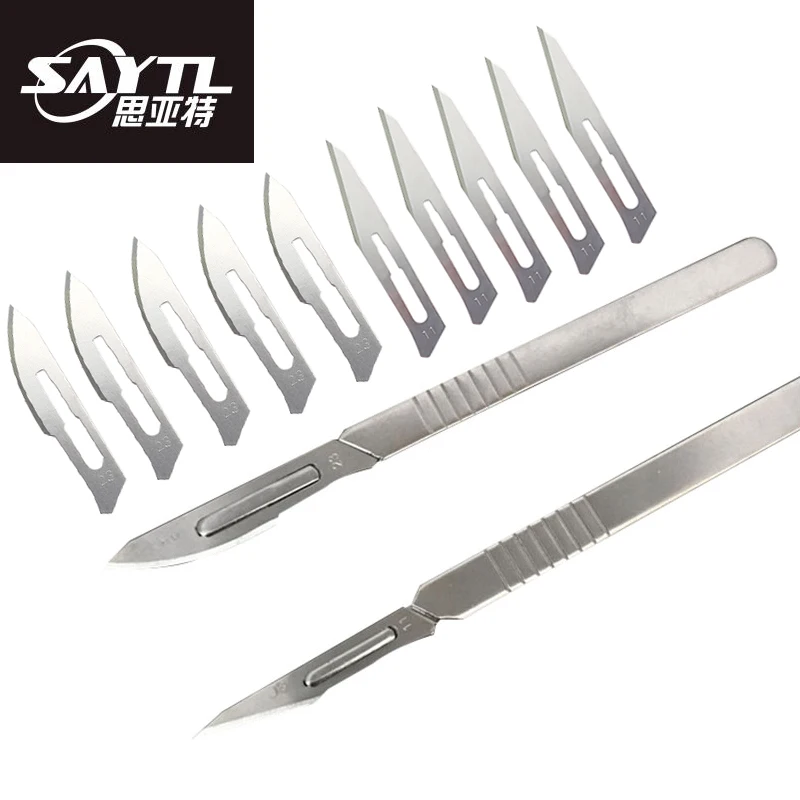

SAYTL 10Pcs 23# 11# Carbon Steel Scalpel Surgical Blades For PCB Circuit Board and 1Pcs Stainless Steel Handle