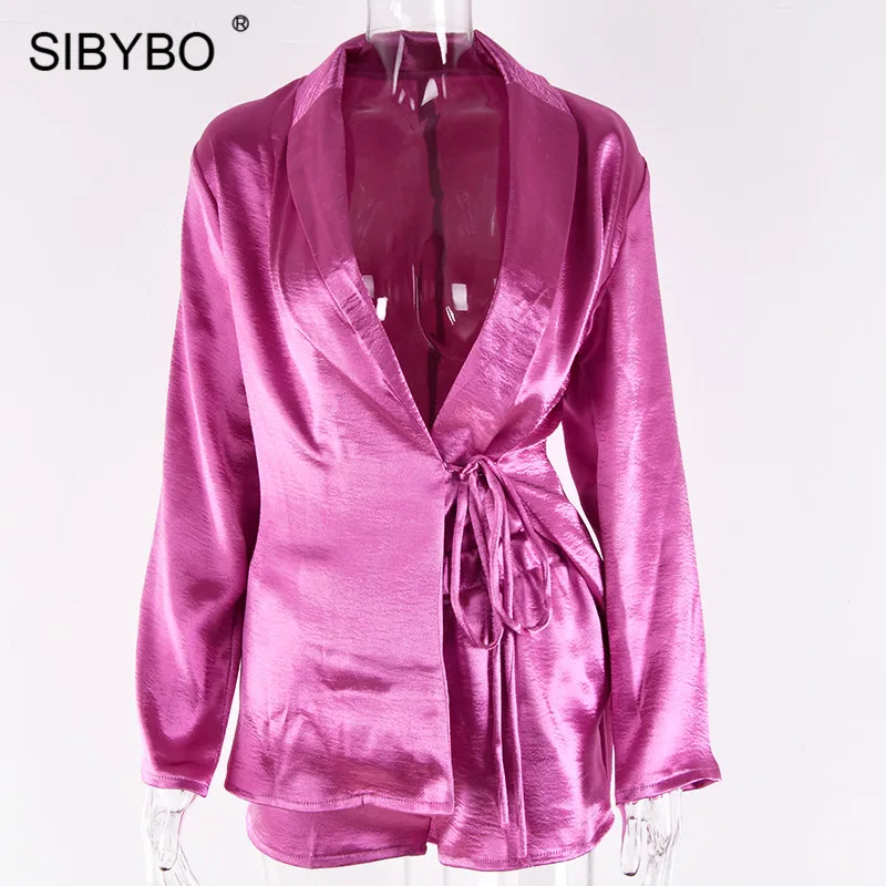 Sibybo Глубокий V Drawstring осенний комплект из двух предметов для женщин с отложным воротником сексуальный женский комплект пальто и шорты Повседневный Женский комплект 2 шт