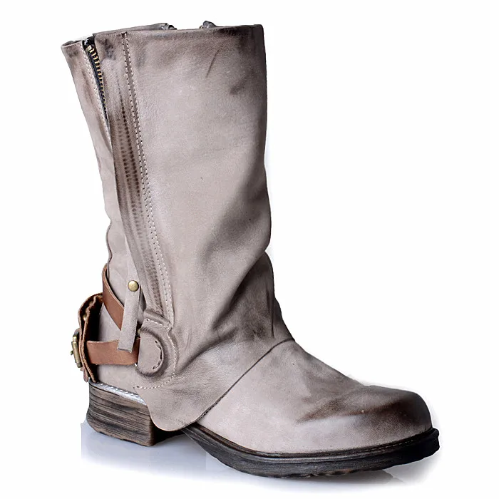 Prova Perfetto Высокое качество натуральная кожа толстый каблук средняя длина сапоги с боковой молнией пряжка от ремня рыцарская ретро обувь