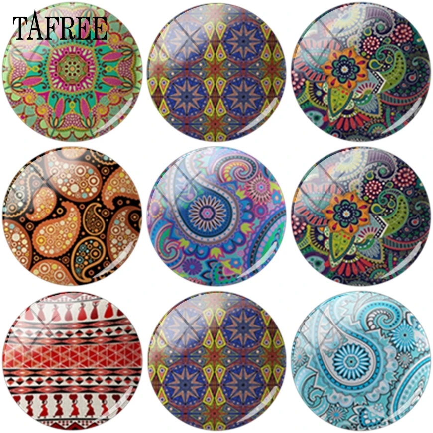 

TAFREE Indian Fashion Colorful Mandala Pattern Round Glass Cabochon 25mm Dome Base Cover Pendant For DIY Necklace