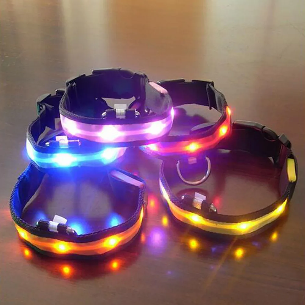 Светодиодный светильник, нейлоновый ошейник для собак, ночное ожерелье для безопасности, мигающие блестящие ошейники для собак, 7 цветов, Размеры S-xl