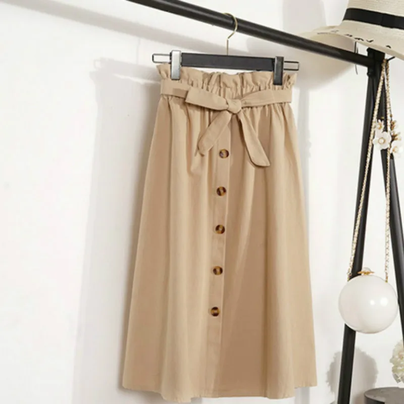 Лето-осень, женские юбки, миди до колена, Корейская элегантная юбка на пуговицах с высокой талией, Женская плиссированная школьная юбка с поясом - Цвет: Khaki