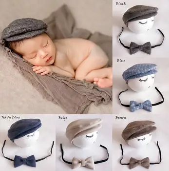 

Cute Peaked Cap Newborn Baby Beanie Hat + Bow Tie Photo Photography Prop Baby Boys Girls Bear Caps
