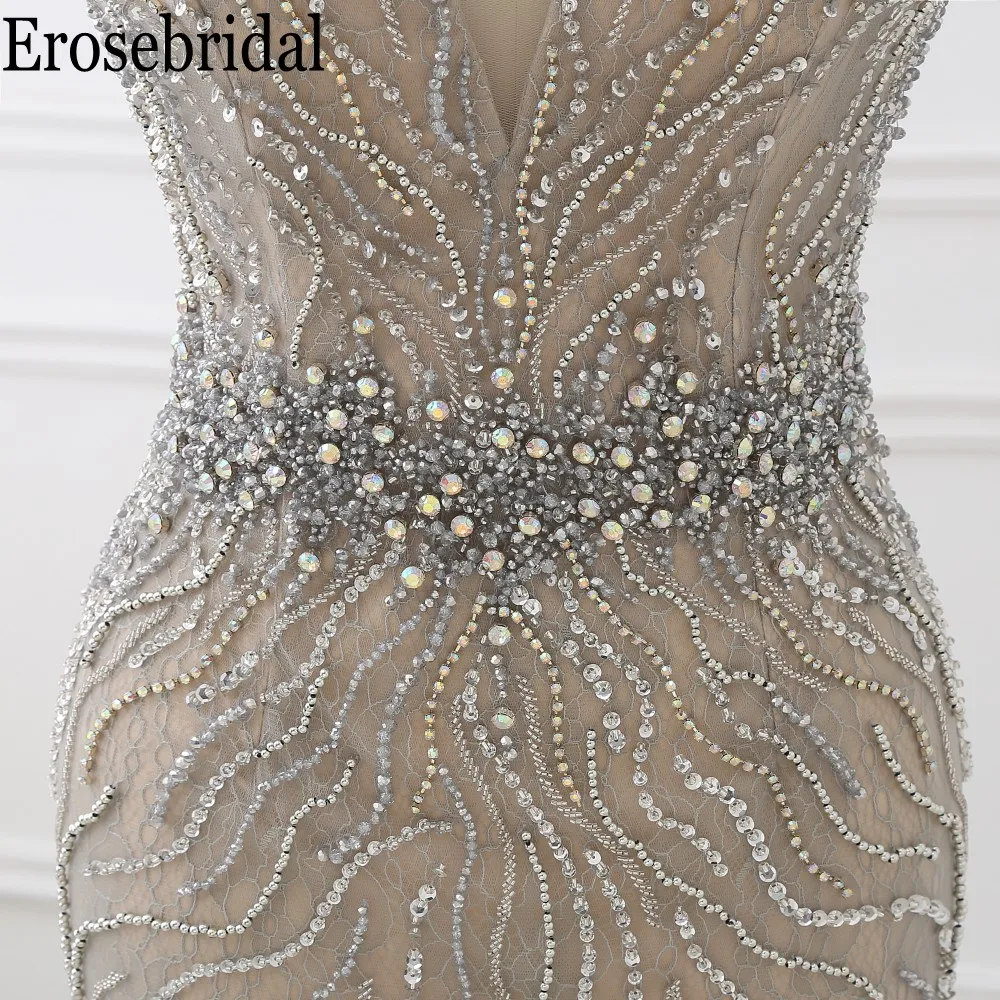 Женское длинное вечернее платье Русалка Erosebridal серое роскошное со шлейфом и