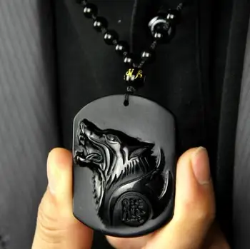 

Koraba Fine Jewelry Natural Obsidian Stone Hand Carved Wolf Head Good Luck Charm Pendant Free Shipping