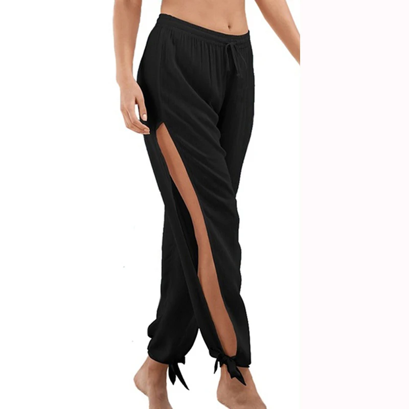 

Fashion Womens Split Side Buttons Wide Leg Jogger Casual Long Pants Summer Loose Solid Color Low Waist Trousers