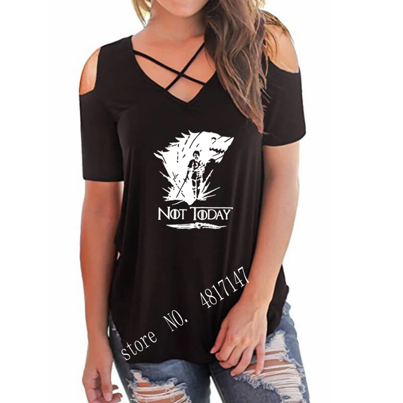 

Funny Not Today Game of Thrones Letter Print Shirt Female Harajuku Off Shoulder V Neck Kawaii T-Shirt Women Hollow Femme
