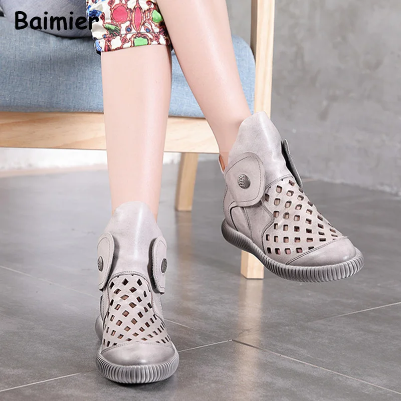 

Fashion Mesh Cut Outs Summer Ankle Boots for Women Flat Heels Shoes Female Diamond Mesh Genuine Leather Shoes Botas Mujer