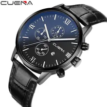 CUENA Fashion Men Quartz Watch Genuine Leather Calendar Wristwatches Clocks 30M Waterproof Relogio Masculino Mens Watches 6612