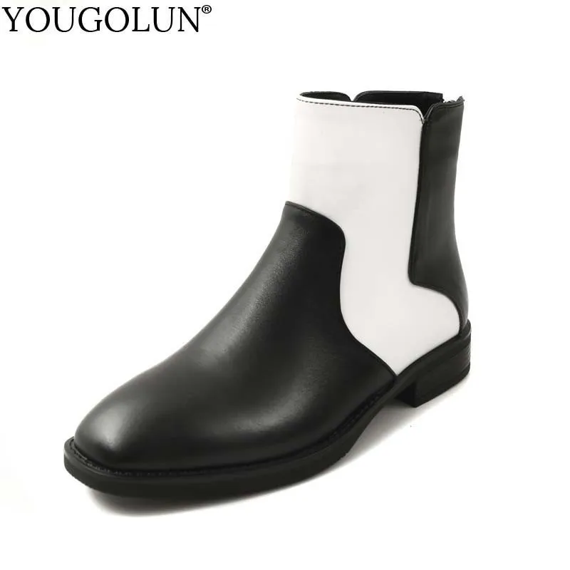 

YOUGOLUN Genuine Leather Ankle Boots For Women Fashion Lady White Black Mixed Colors Low Heels Woman Zipper Round toe Shoes B194