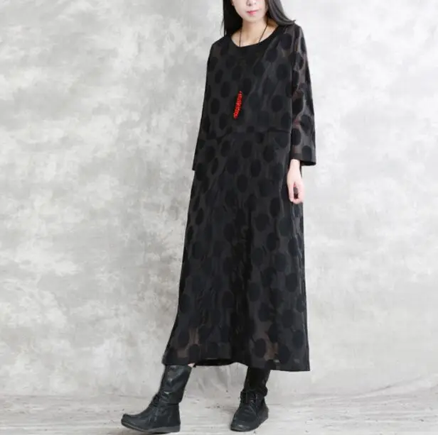 Сезон весна-лето новые женские silk-blend с длинными рукавами в горошек черное платье S34