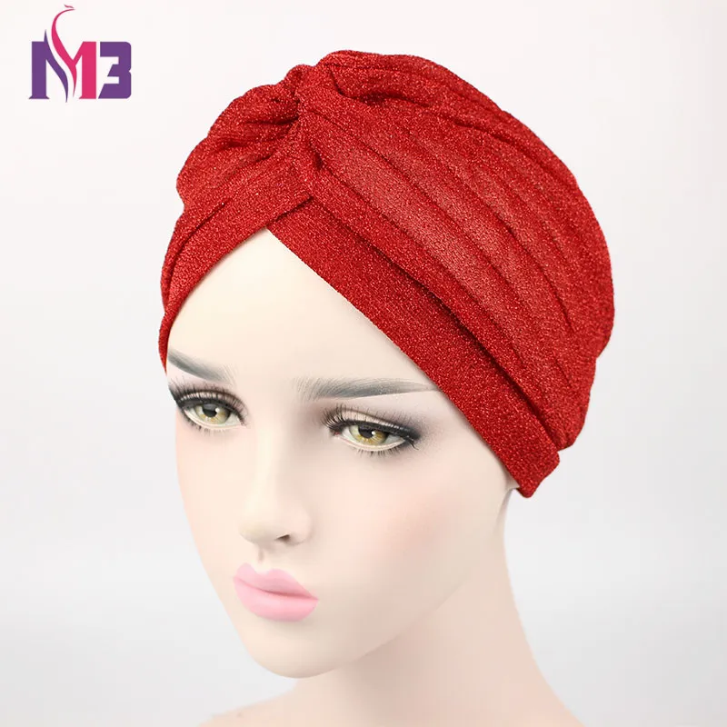 Новая модная женская розовая Золотая однотонная блестящая Переливающаяся блестящая Тюрбан повязка на голову шапка мусульманский хиджаб тюрбан для женщин - Цвет: Красный