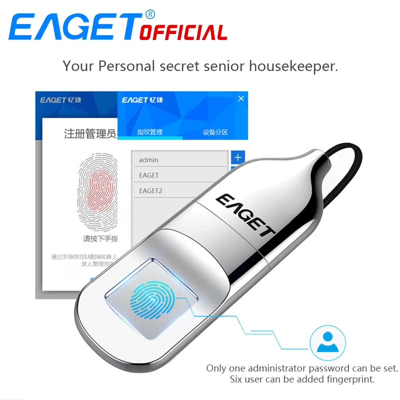 EAGET USB Флешка 64 ГБ Накопитель Отпечатков Пальцев Компактный Накопитель С Шифрованием 32GB USB Флэш-Накопитель Флкшка Для Ноутбука PC