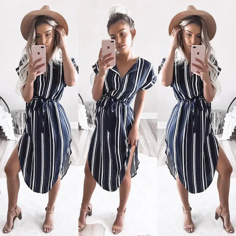 

New Casual Fashion Women Striped V-neck Sashes Dress Vintage Summer Evening Party Beach Sundress Loose Dresses