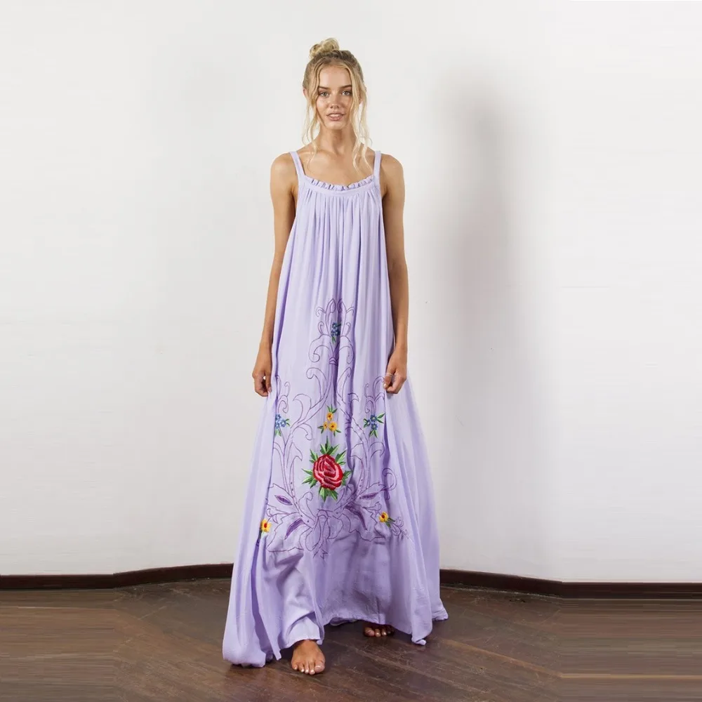 

Limiguyue bohemian people spaghetti strap long maxi dress vestidos cotton and linene summer beach embroidery boho dress T591