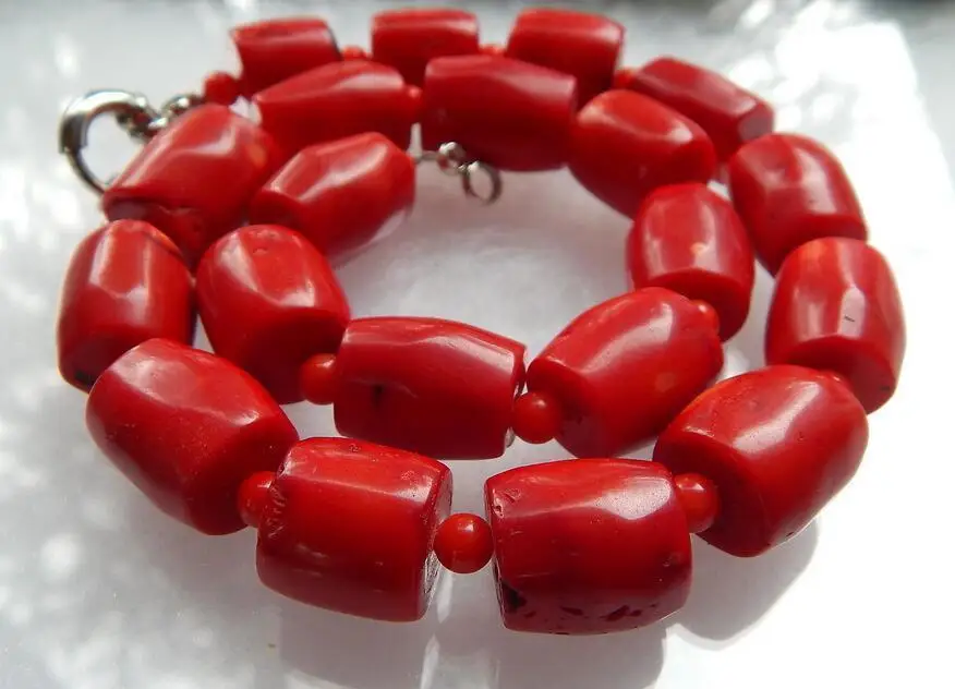 

New 12X20MM Vintage Estate Chunky Red Coral Barrel Bead Necklace 18''